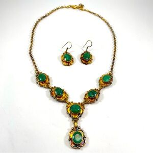Stunning Vintage Copper Raw Emerald Gemstone Necklace Earrings Set